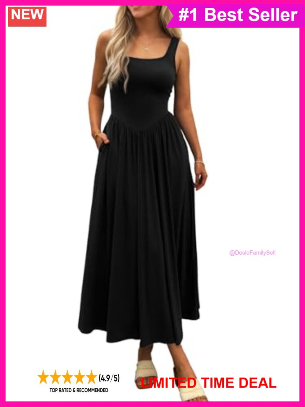 Women's Sleeveless Square Neck Maxi Dress A-Line Beach Sundress Pockets